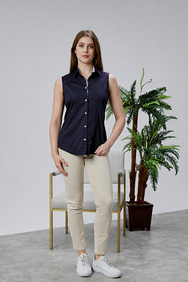 Navy Blue Cotton Satin Lycra Patterned Fabric Detailed Zero Sleeve Slim Fit Women's Shirt