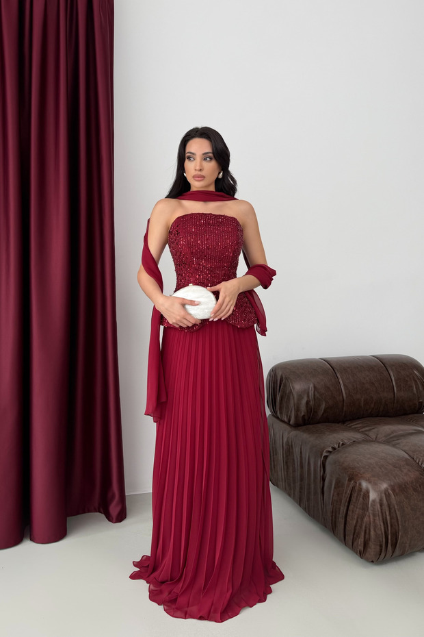 Burgundy Shawl Detailed Sequin Embroidered Chiffon Skirt Evening Dress
