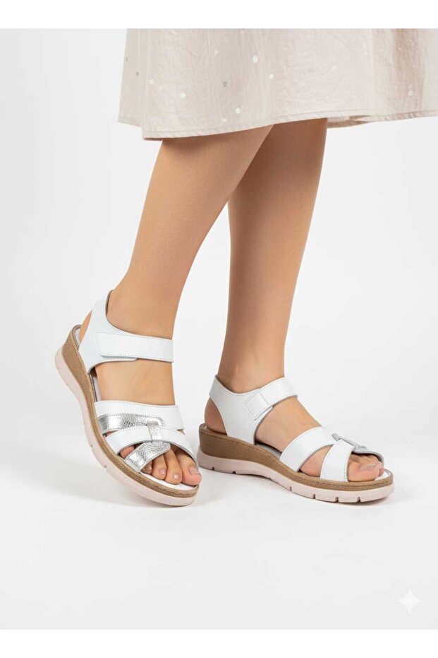 Inside and Outside, Genuine Leather Padding Sole, White Silver Detailed Women's Velcro Sandals