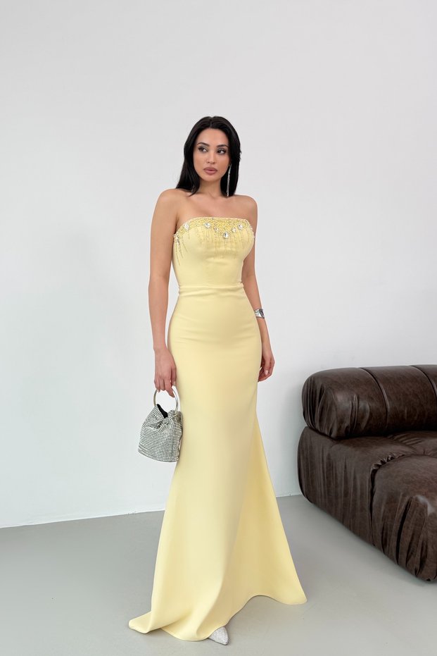 Yellow Chest Stone Embellished Strapless Evening Dress with String Ties