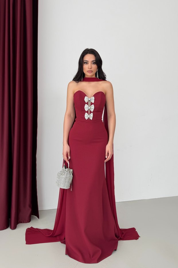 Burgundy Sweetheart Neckline Bow Detail Fish Cut Evening Dress