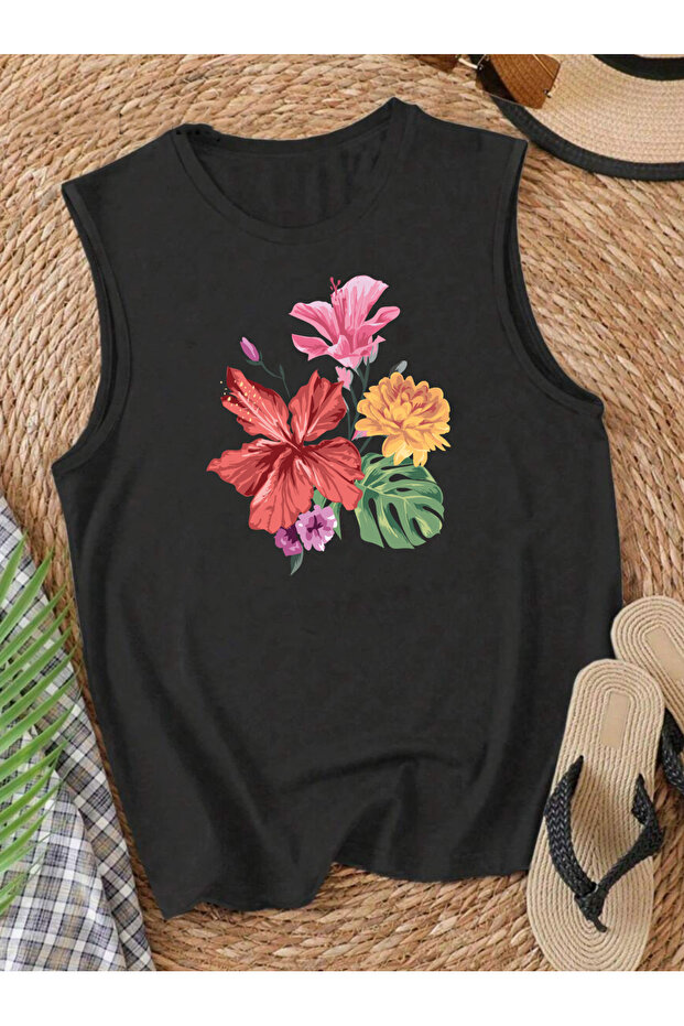 Pastel Flower Printed Women's Sleeveless Cotton Tank Top Tshirt