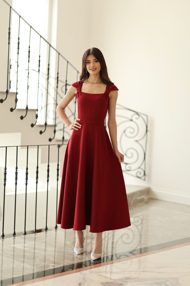 Women's Burgundy Strapless Long Flared Skirt with Square Neckline, Evening Gown/Event Dress