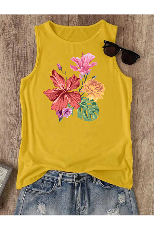 Pastel Flower Printed Women's Sleeveless Cotton Tank Top Tshirt