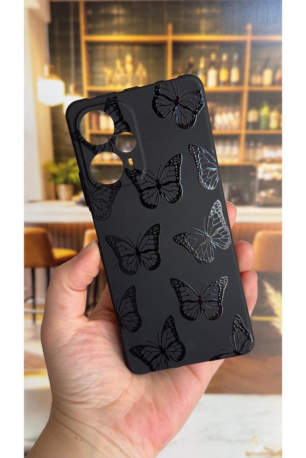 Poco F5 Compatible Black Butterfly Patterned Silicone Shock Absorbing Classic Protective Rubber Case