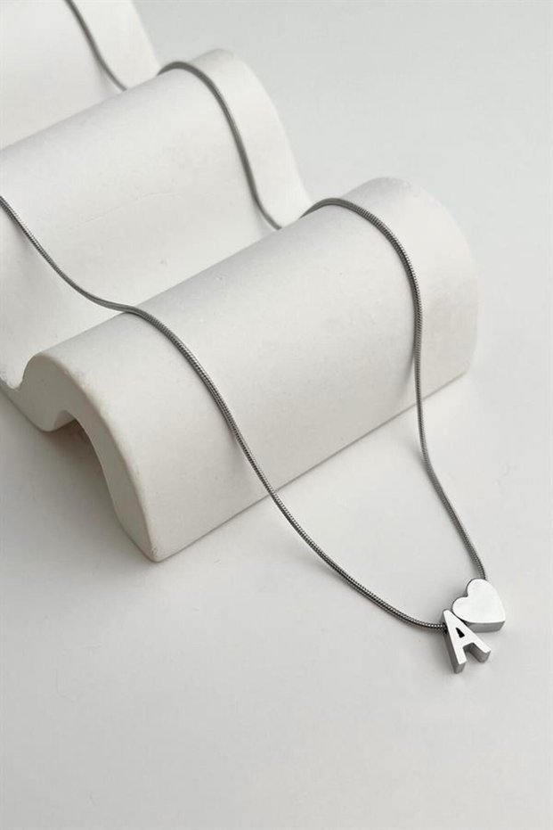 Hearted Letter Pendant Silver - Letter S - 316L Steel Non-Toxic Stainless