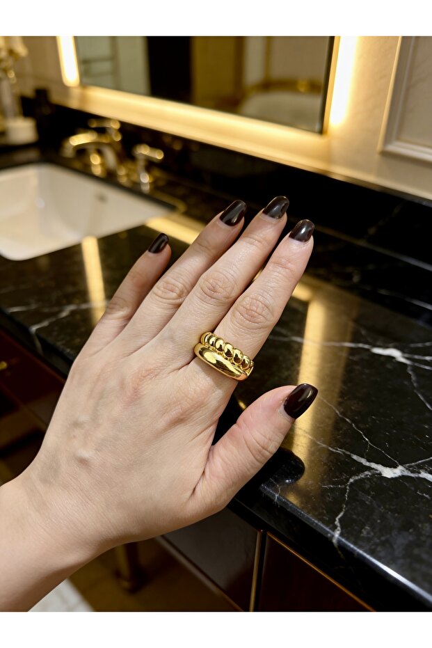 Gold Double Row Twist Detailed Chunky Steel Ring Adjustable
