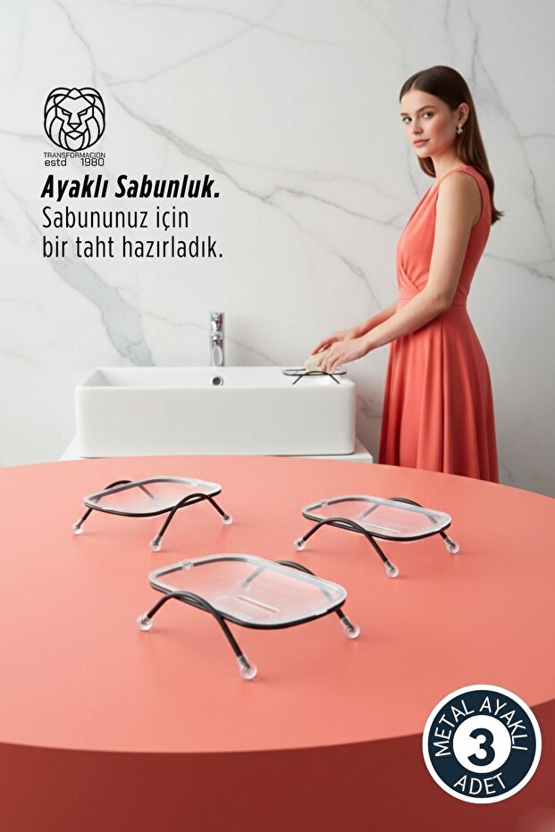 حامل صابون بثلاثة أرجل - مع تصريف للمياه، تصميم شفاف، 12 × 9 سم، للاستخدام على سطح الطاولة722839