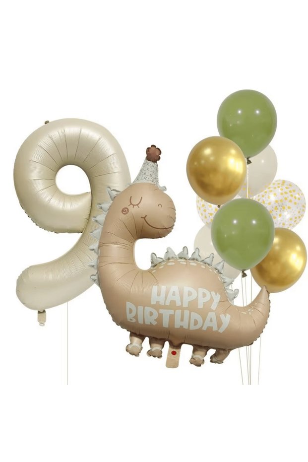 9 Year Old Retro Dinosaur Gold Confetti Balloon Set Decoration