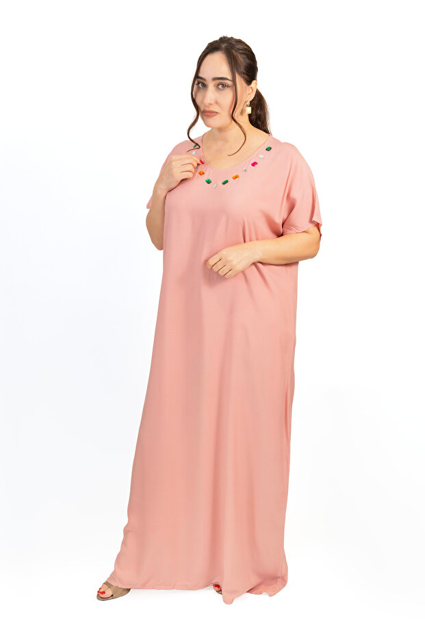 Pink Jalabiya with Multicolour Stone Neckline