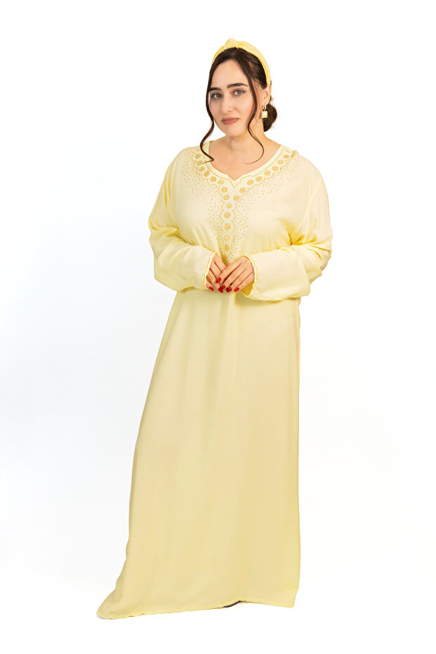 Yellow Jalabiya with Stone Detailing