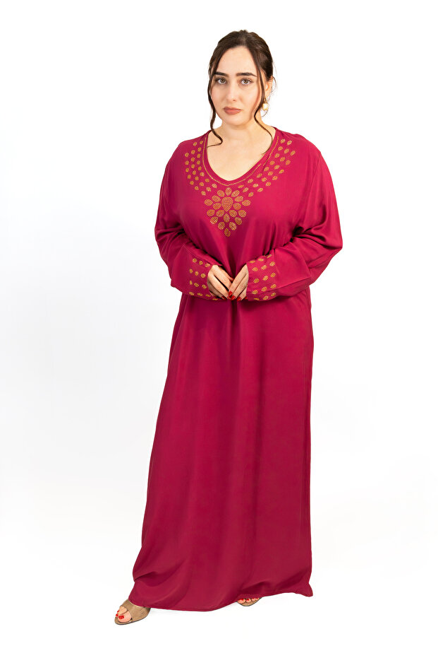 Dark Red Jalabiya with Golden Stone Detailing
