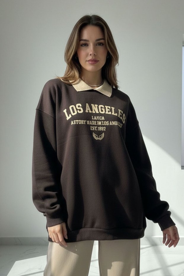 Knitwear Polo Collar Los Angeles College Printed Wide Cut Brown Sweatshirt