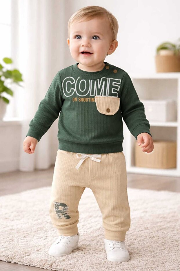 Embossed Printed Oversize Wide Fit Bottom and Top Baby Set, 100% Cotton