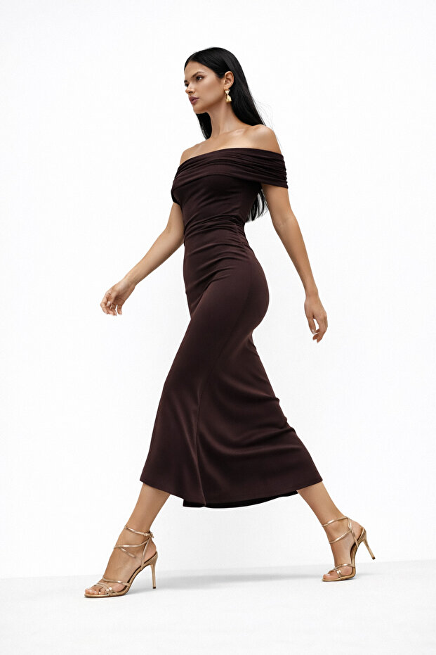 BARDOT YAKA DRAPELİ SANDY MAXI ELBİSE - 2