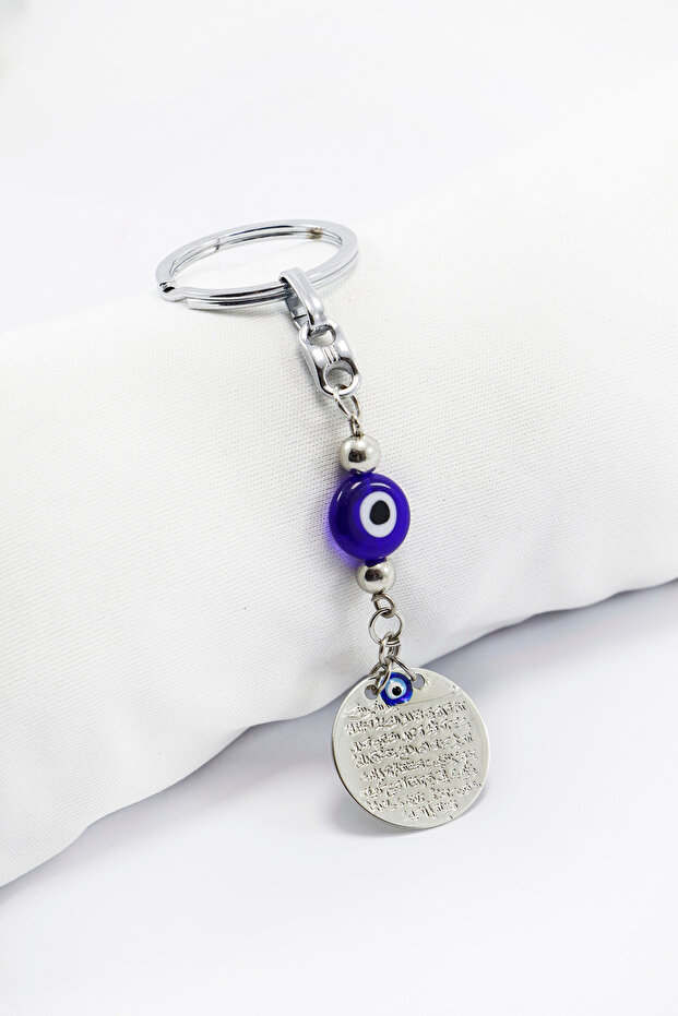 Navy Blue Glass Evil Eye Beaded Metal Ayet'El Kürsi Metal Keychain, Gift Evil Eye Keychain