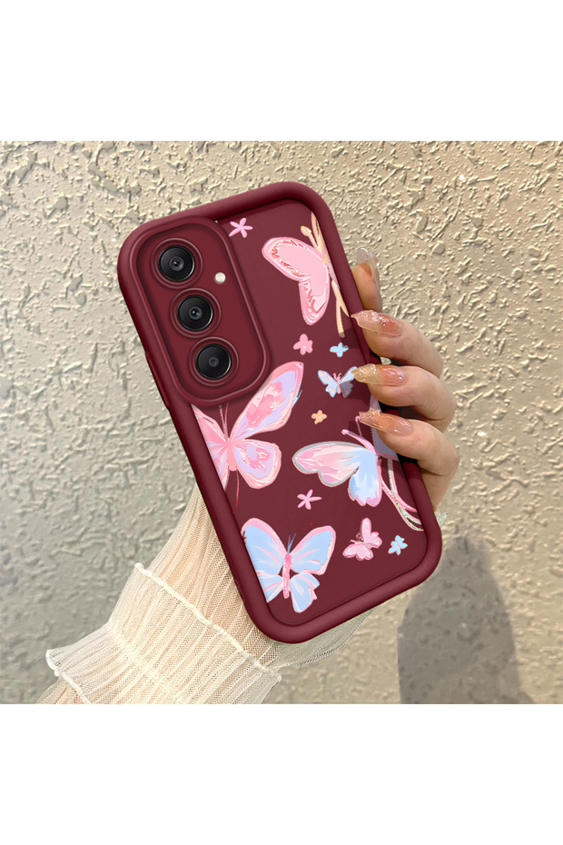 Samsung Galaxy A25 Compatible Silicone Material Shockproof Burgundy Color Butterfly Pattern Case
