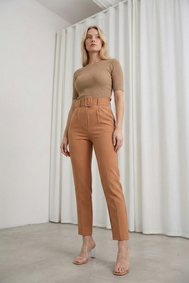 Belted Fabric Cinnamon Trousers - Cinnamon