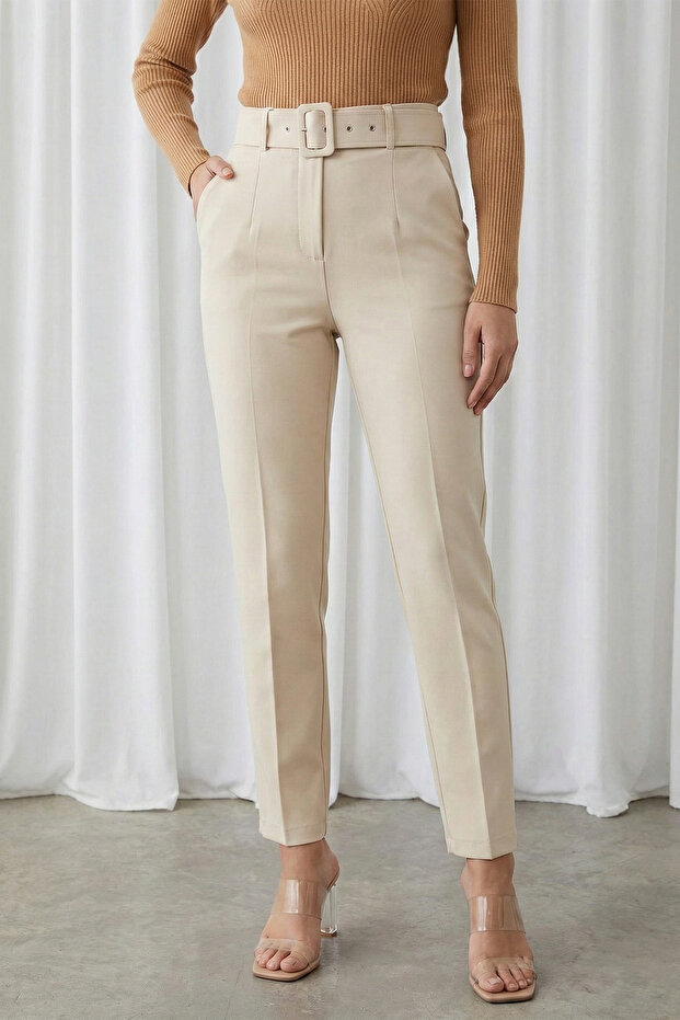 Belted Fabric Beige Trousers