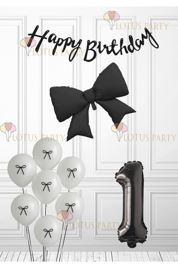 Black Ribbon Birthday Set Black Ribbon Balloon Black Number Balloon White Balloon with Black Ribbon 1 Year Old