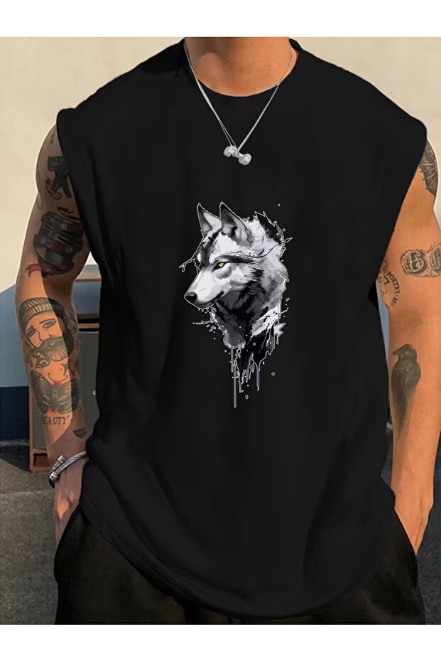 قميص رجالي أسود أصلي مطبوع بقصة واسعة من القطن وياقة دائرية