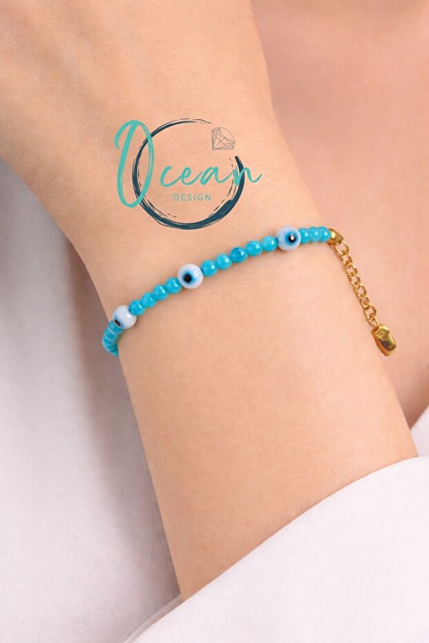 Handmade Natural Charm Women's Bracelet with Stainless Steel Chain, Turquoise Bead Design