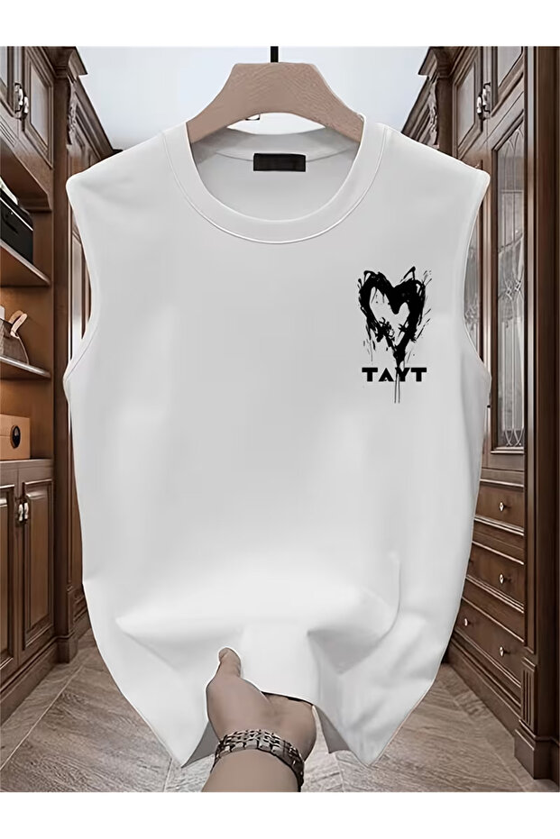 Men's White Original Printed Oversize Cut Cotton Crew Neck Undershirt