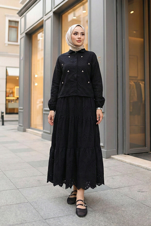 Stone Detailed Scallop Shirt Skirt Set - Black