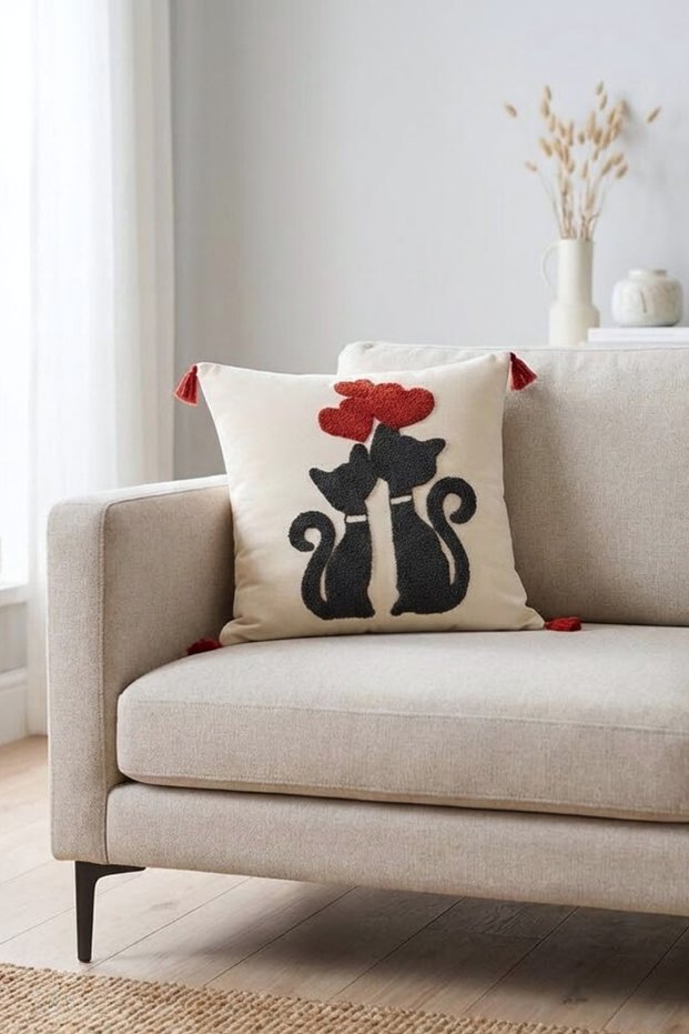 Buldan Handmade Tasseled Cushion Cover | Embossed Love Cats Patterned Natural Woven - 42X42 cm