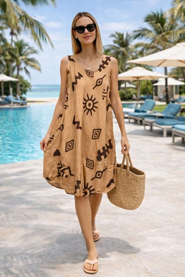 Women's Beige Patterned Sleeveless Midi Dress