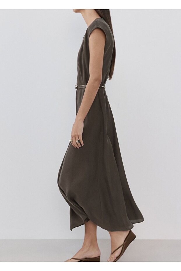 Çift kemerli evaze elbise - 6