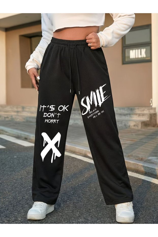 Unisex Its Ok Smile Printed Baggy Cut Wide Leg Sweatpants