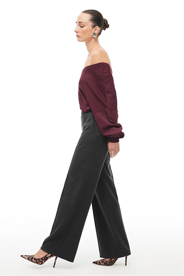 Antrasit Geniş Paça Örme Pantolon - 2