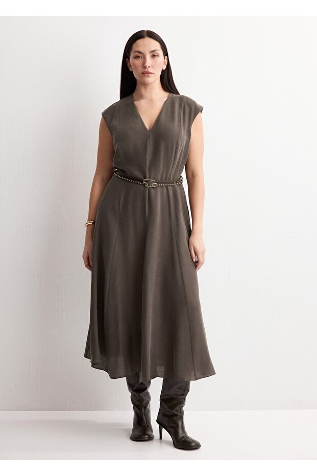 Çift kemerli evaze elbise - 7