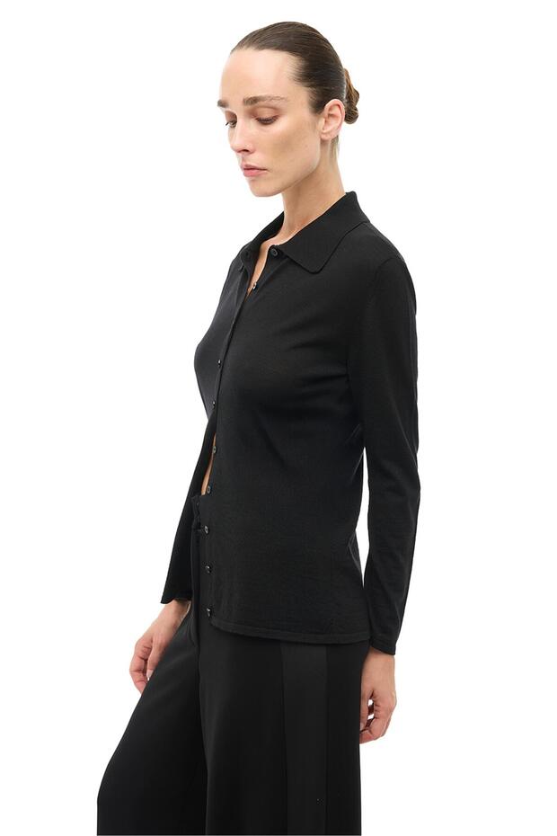 Siyah Gömlek Yaka Triko Hırka - 2