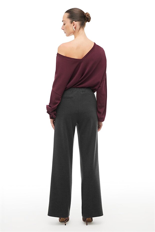 Antrasit Geniş Paça Örme Pantolon - 3