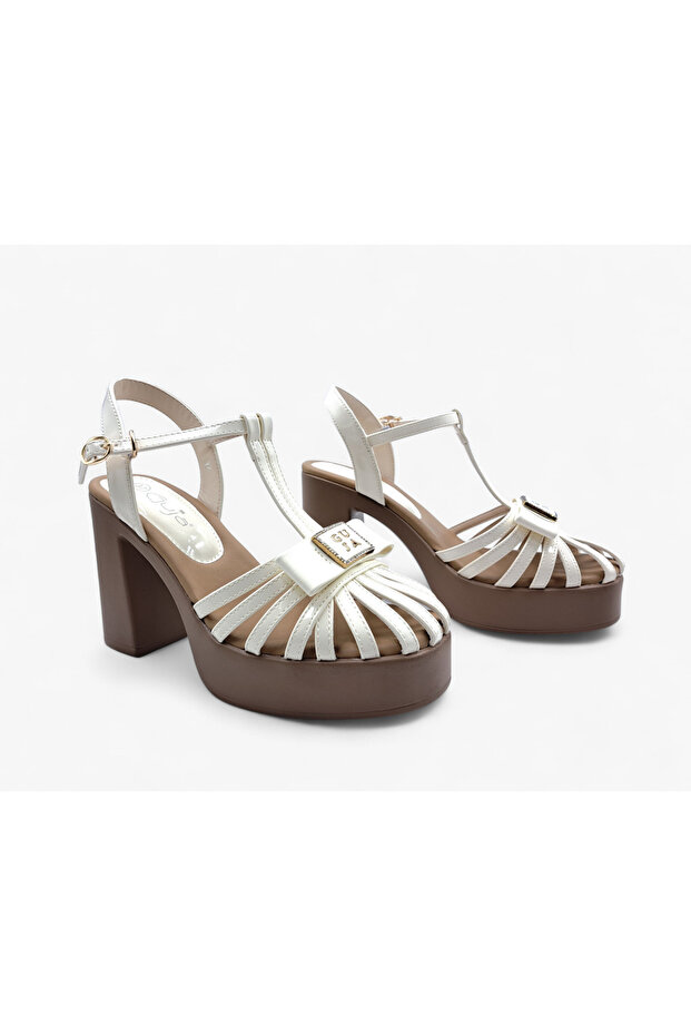 Closed Toe Platform Heeled Beige Color Stylish Sandal Shoes
