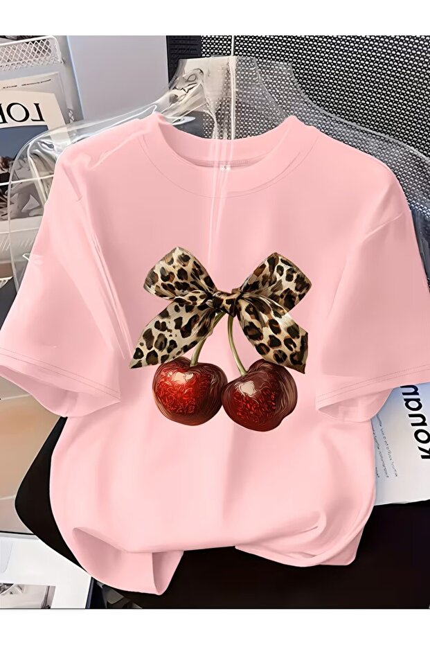 Women's Leopard Patterned Stylish Printed T-Shirt with Bow and Cherry Design