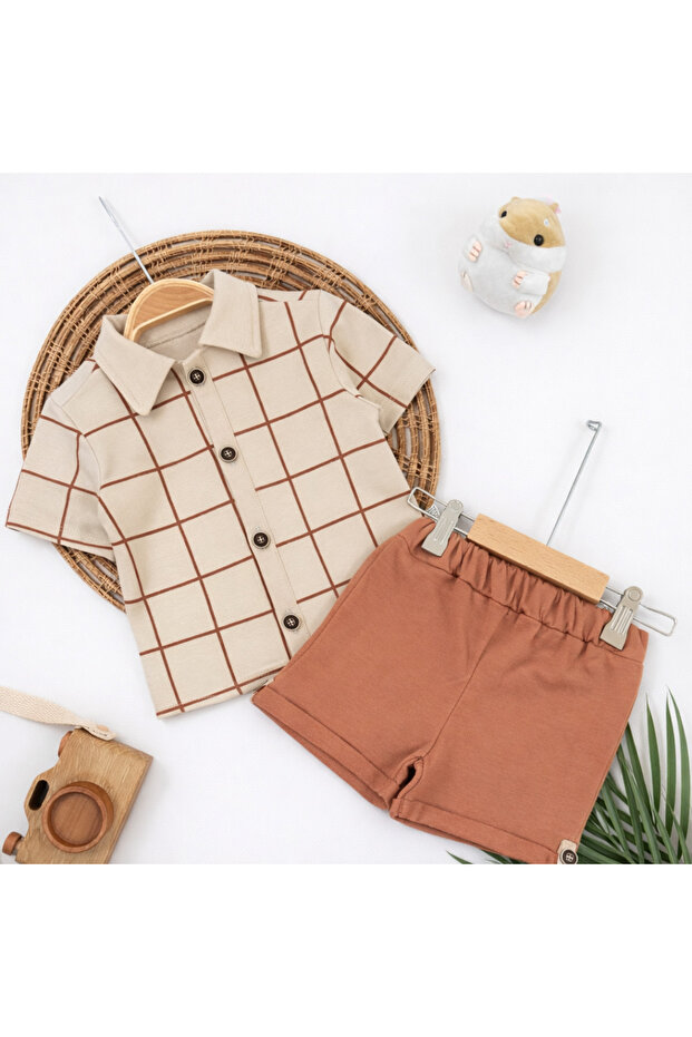 Plaid Pattern Polo Collar Baby Boy Shorts T-Shirt Set