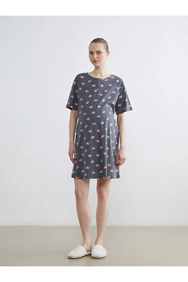 Lcw Dream Gray Crew Neck Heart Patterned Women's Nightgown