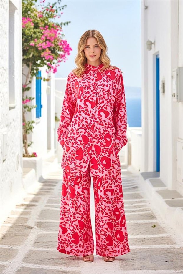 Pink Patterned Stand Collar Sleeve Epaulette Pocket Shirt Trousers Set