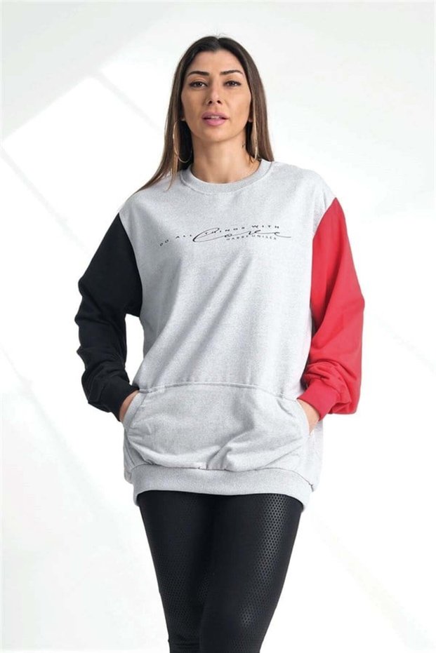 Gray Kangaroo Pocket Sweatshirt with Garnished Sleeves