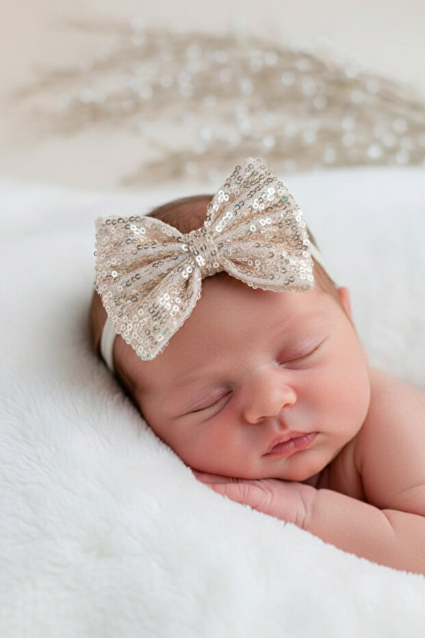 Gold Sequined Ballerina Bow Baby Headband – Special Day & Newborn Accessory