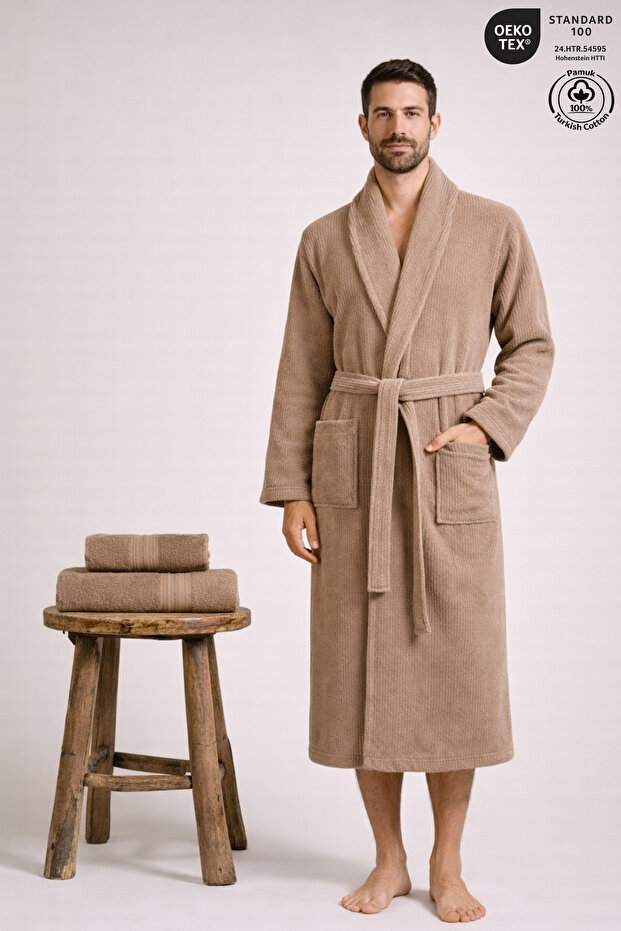Men's Bathrobe 100% Cotton Certified 3-Piece Shawl Collar Striped Beige Bathrobe and Towel Set