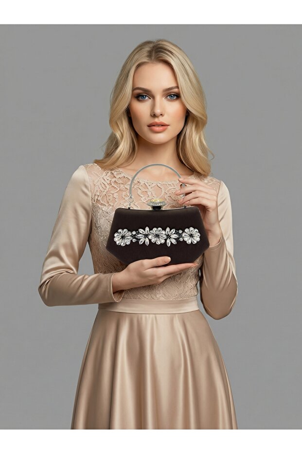 Brown Z.A.R.A. Satin Crystal Stone Embroidered Chain Women's Evening Dress Bag Wedding Engagement Graduation