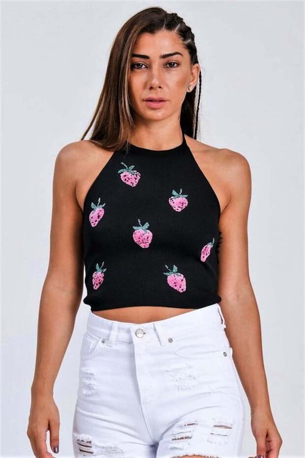 Black Strawberry Embossed Print Halter Crop Knitted Blouse