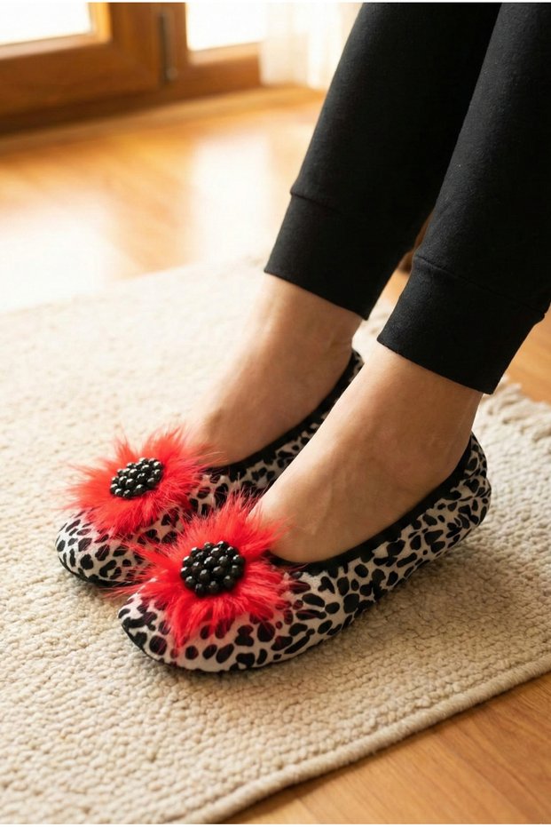 Women's Black Home Slippers with Stones and Feathers, Stylish Home Shoes, Booties, Slippers