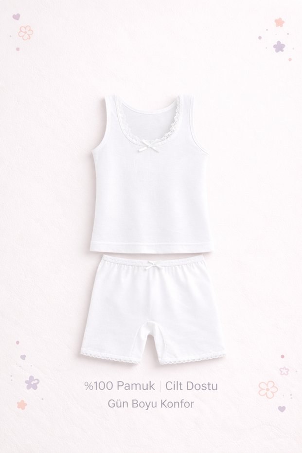Girl's Athlete Shorts Set 100% Cotton – White Lingerie Set with Lace