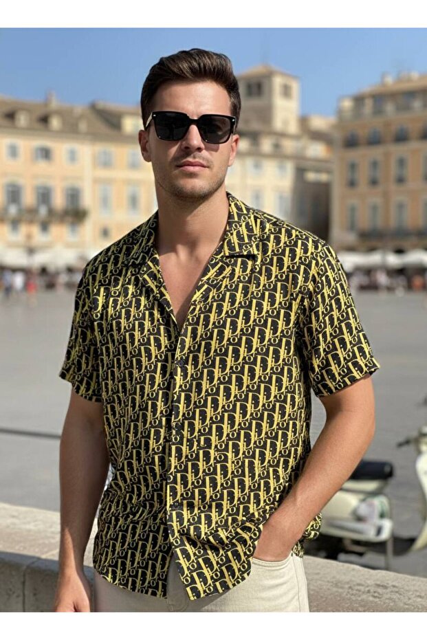 Hawaiian Relaxed Fit Patterned Short Sleeve Apaş Collar Viscon Cotton Summer Shirt