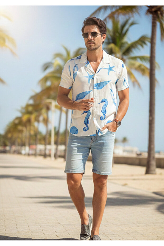 Hawaiian Relaxed Fit Patterned Short Sleeve Apaş Collar Viscon Summer Shirt